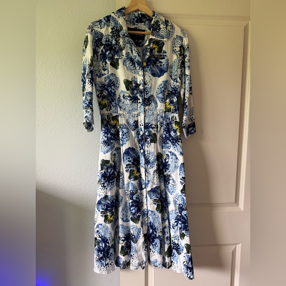 SAMANTHA SUNG White and Blue Floral Linen Midi Shirt Dress
